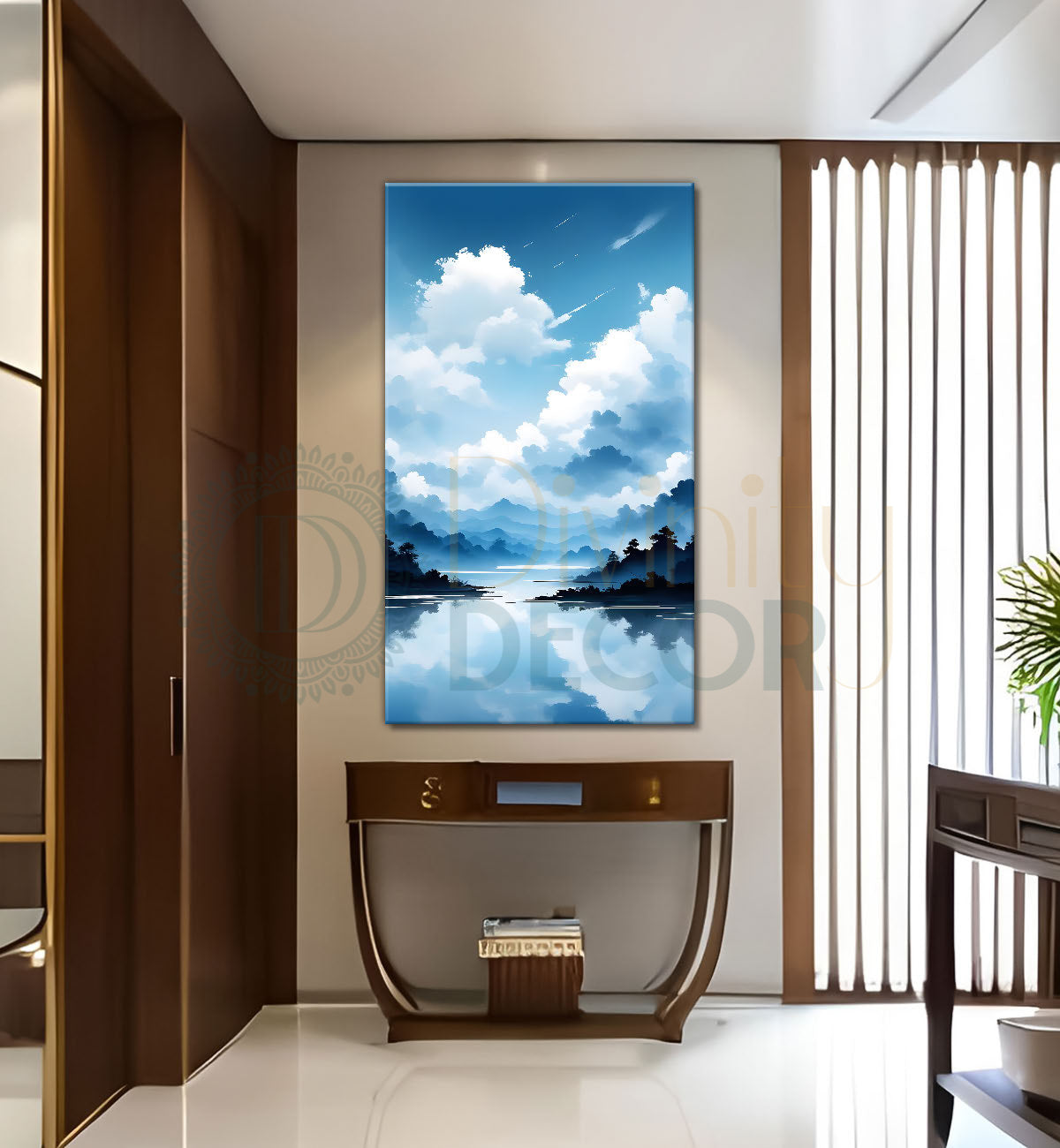 Mountains with river in cloudy sky in textured water colour painting Canvas Painting - Nature Art -V-113