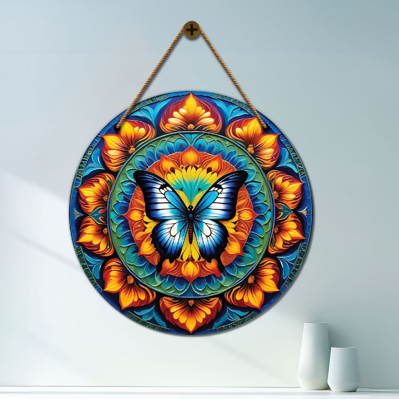 Butterfly in blue and orange mandala Round Wooden Wall Hanging for wall Décor - Design - 113