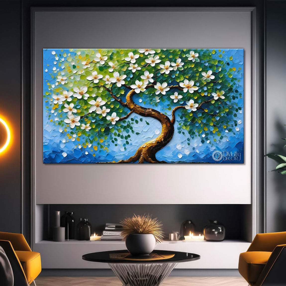White flower tree in textured background oil painting- Design - Tree-113