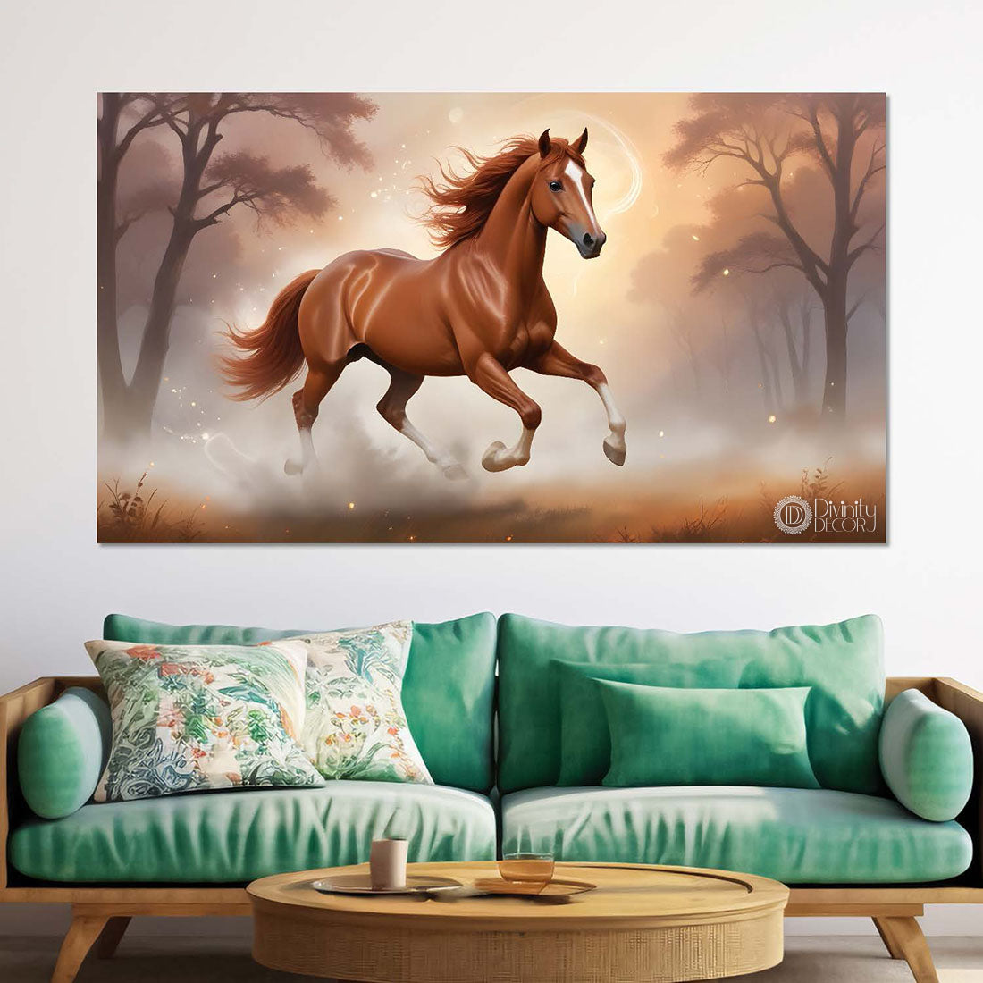 Brown running horse with trees in white textured background art Canvas Painting - Design - Horse-113