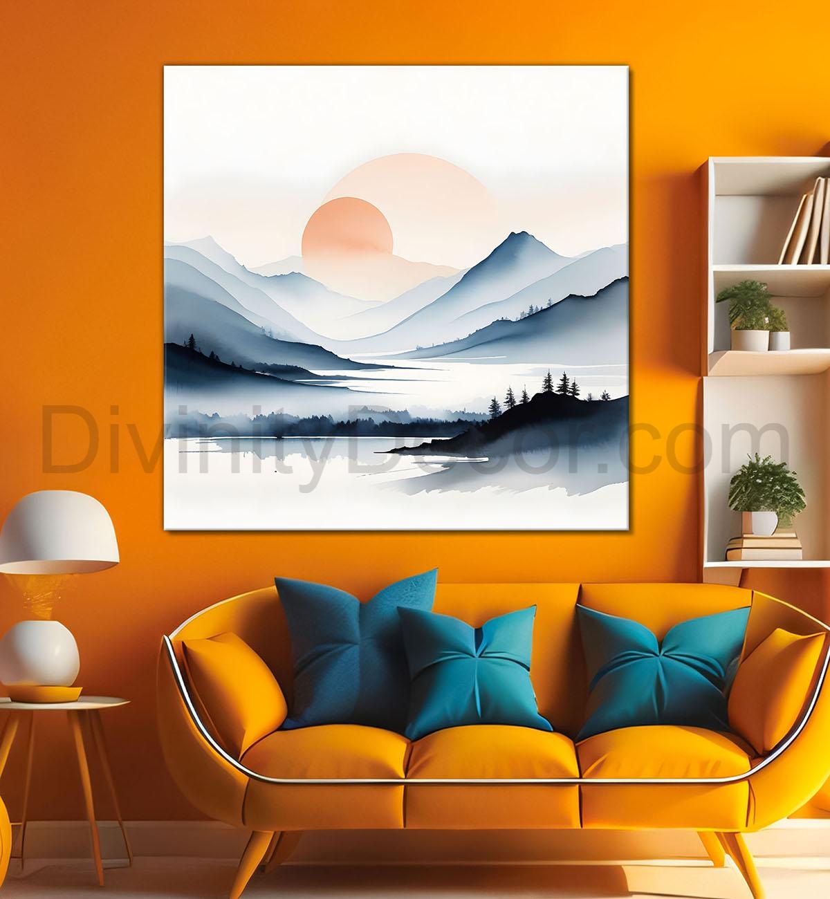 Mountains with sunset painting  24X24 - Nature Art -S-113