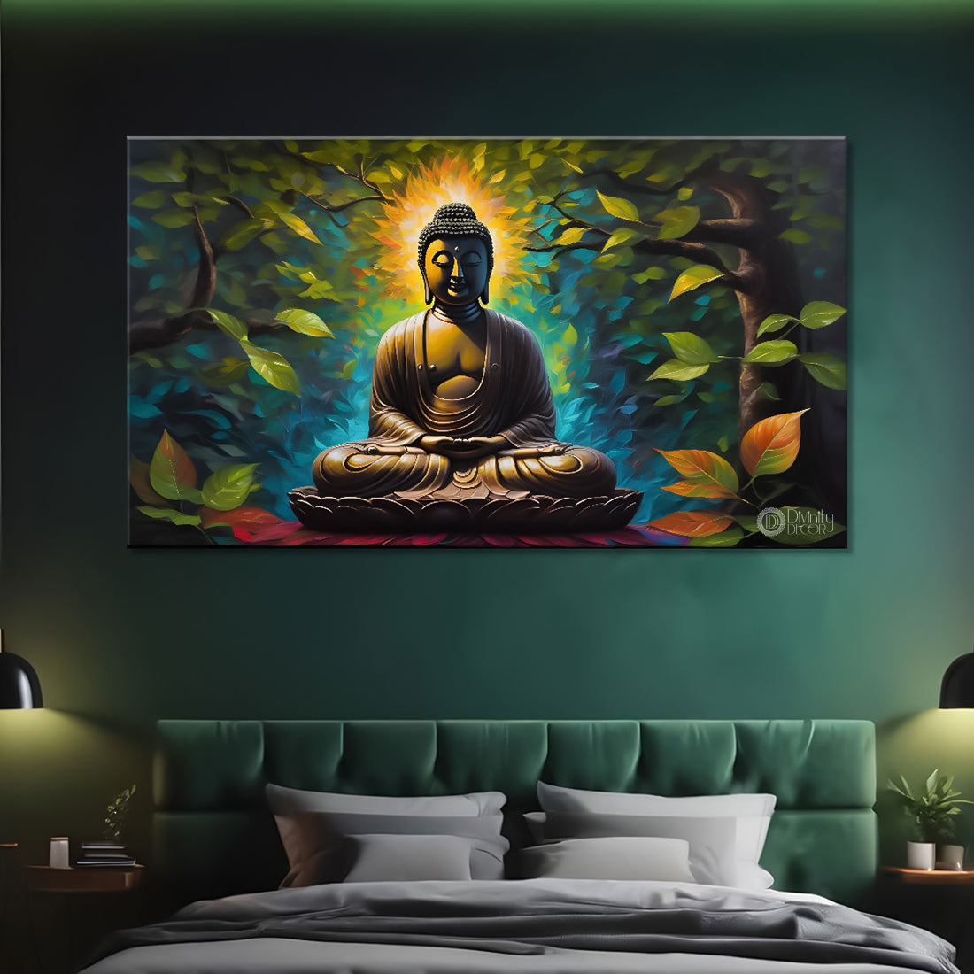 Buddha in sea green background textured painting Canvas Wall Painting - Buddha-113