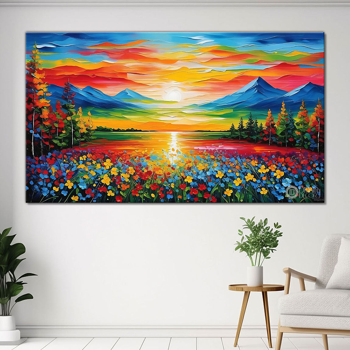 Mountains with flowers and sunset view with pink sky in textured painting Canvas Painting - Nature Art -113