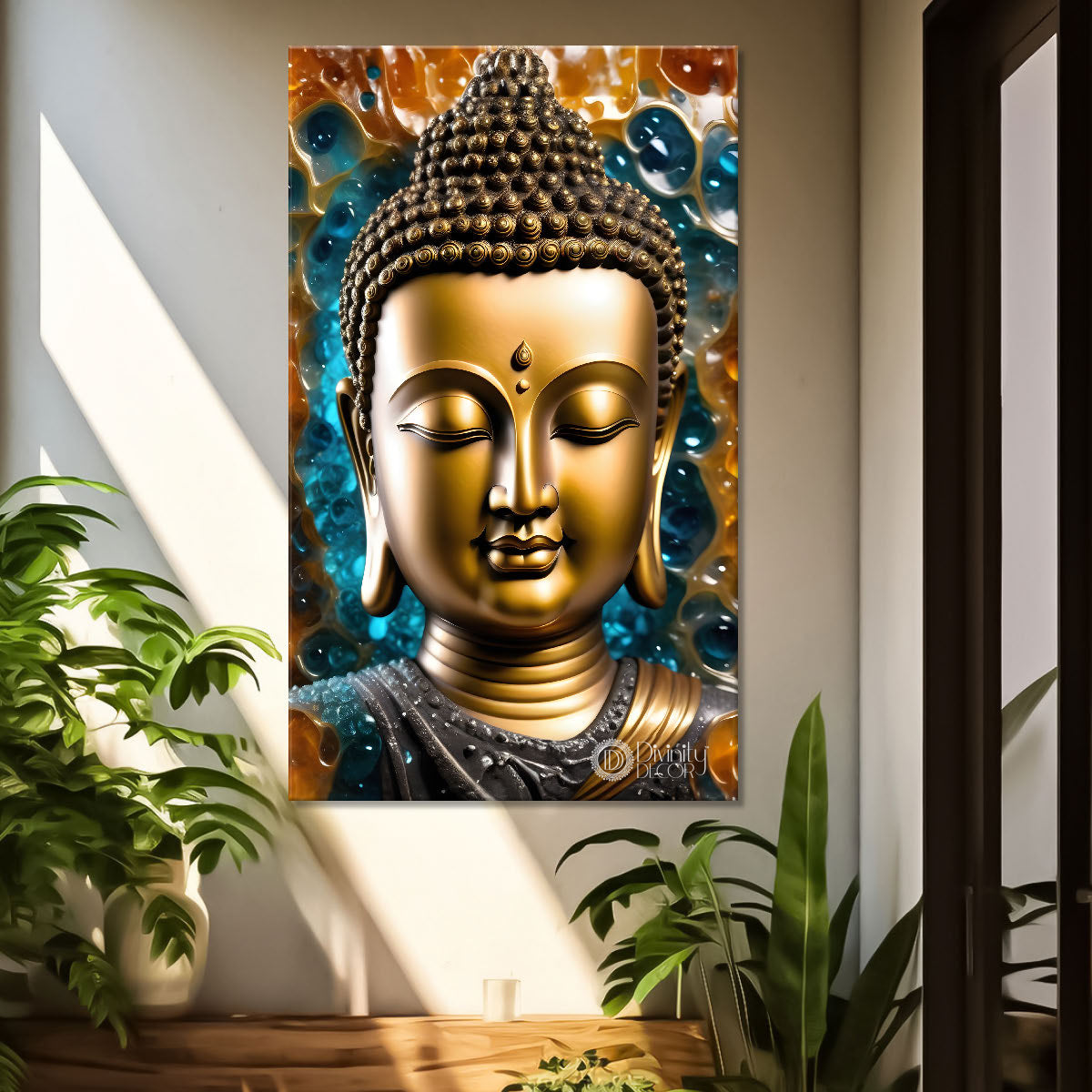 Golden buddha with blue background painting  - Buddha-V-114