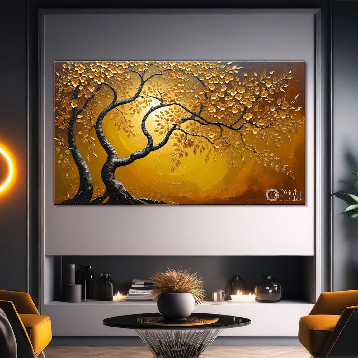 Golden tree in textured background modern art- Design - Tree-114