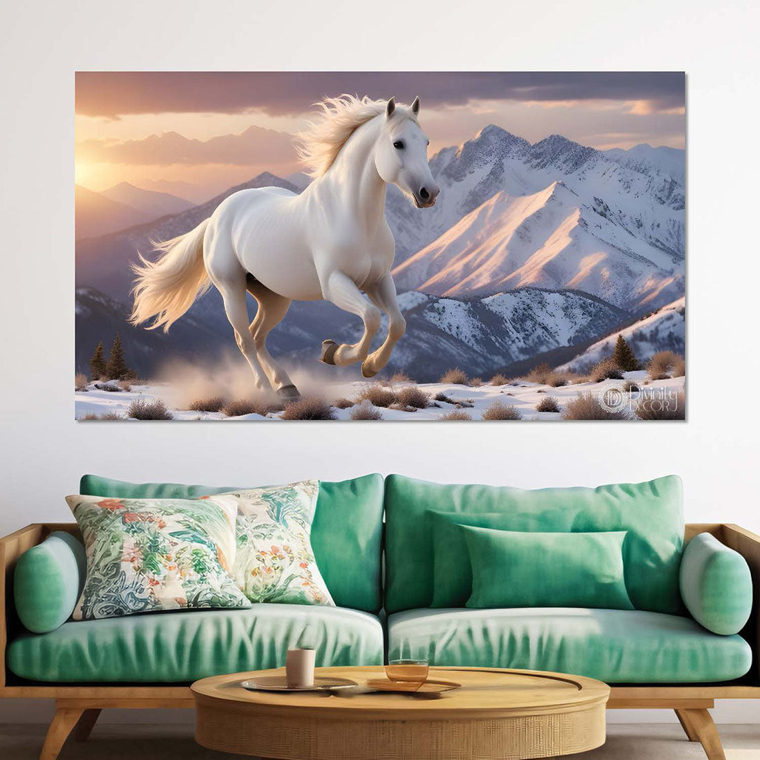 White running horse with white mountains in white textured background art Canvas Painting - Design - Horse-114