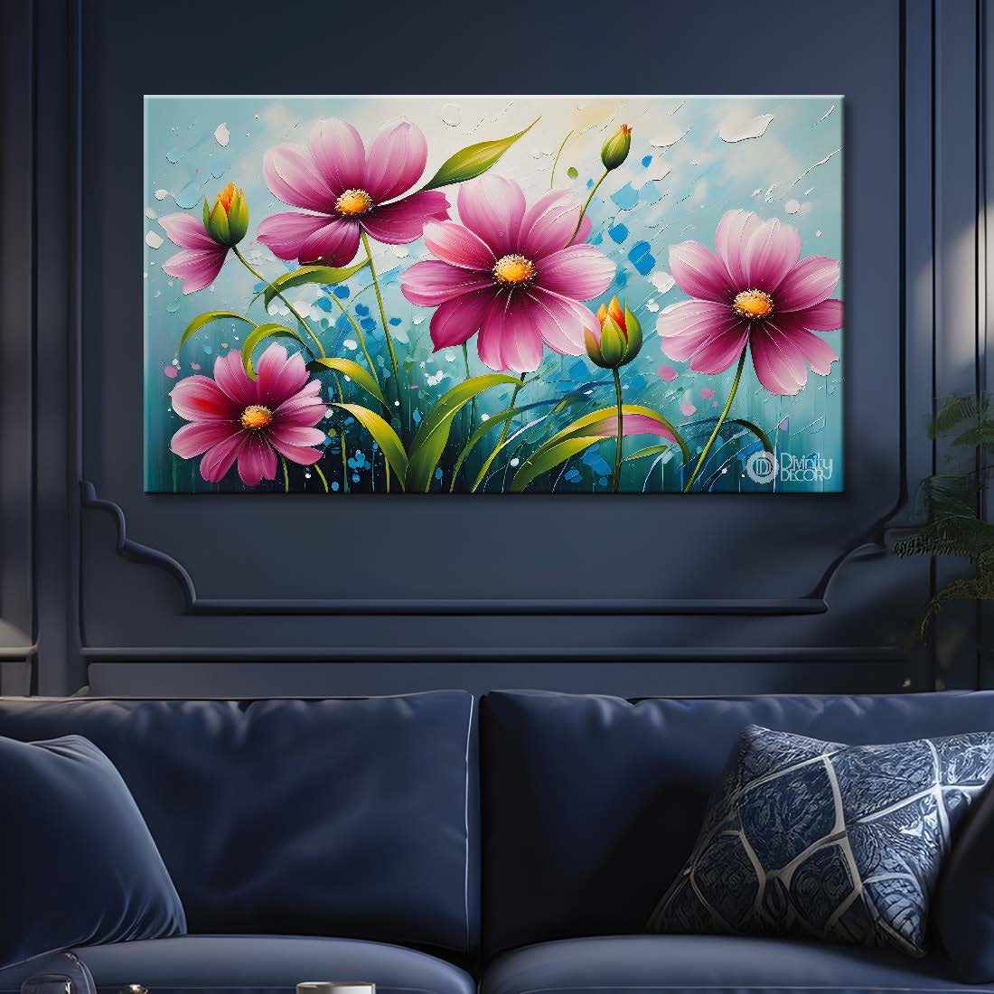 Purple flowers with blue textured background painting- Design - Flower-114