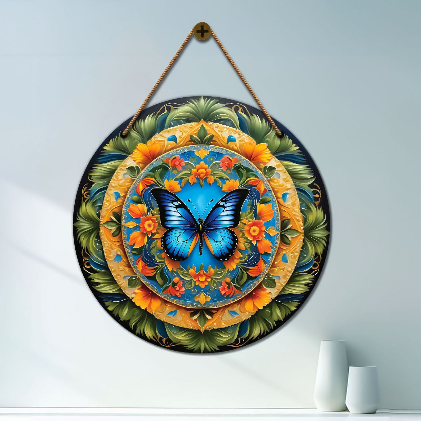 Butterfly in green and orange mandala Round Wooden Wall Hanging for wall Décor - Design - 114