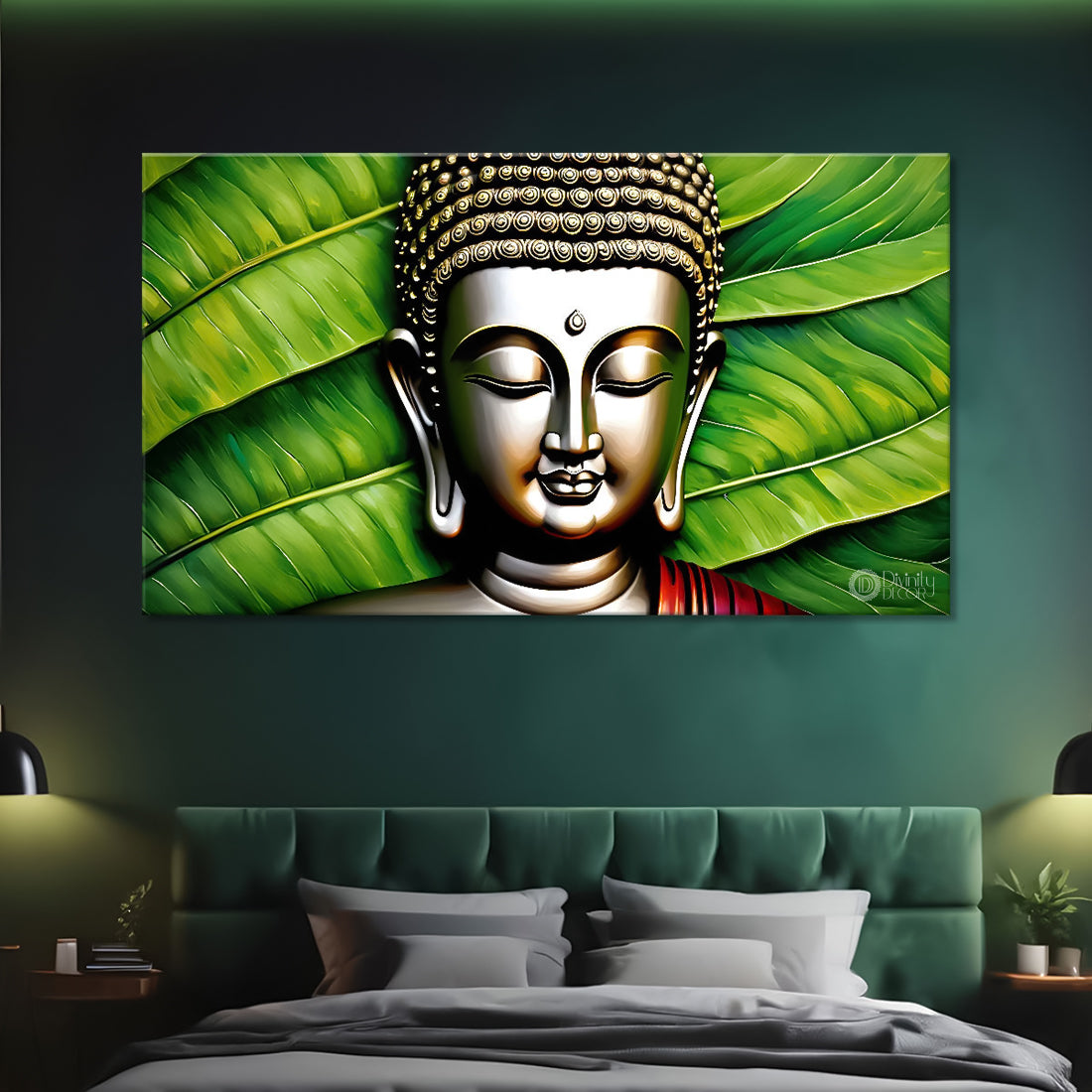 Buddha with leaves background textured painting Canvas Wall Painting - Buddha-114
