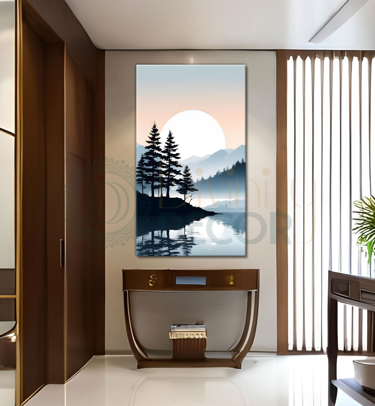 Mountains with river and trees in grey textured water colour painting Canvas Painting - Nature Art -V-114