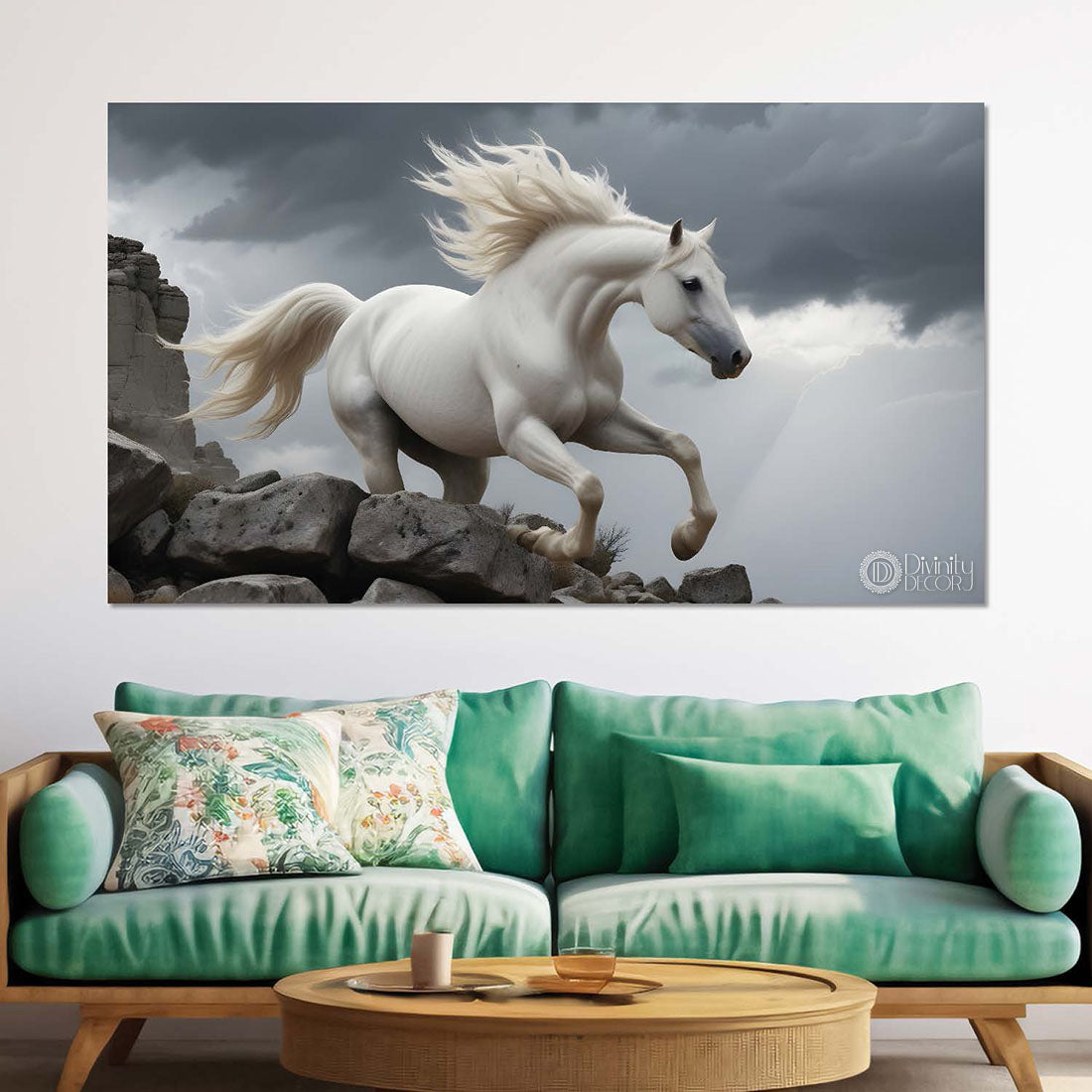 White running horse on the rocks in grey textured background art Canvas Painting - Design - Horse-115