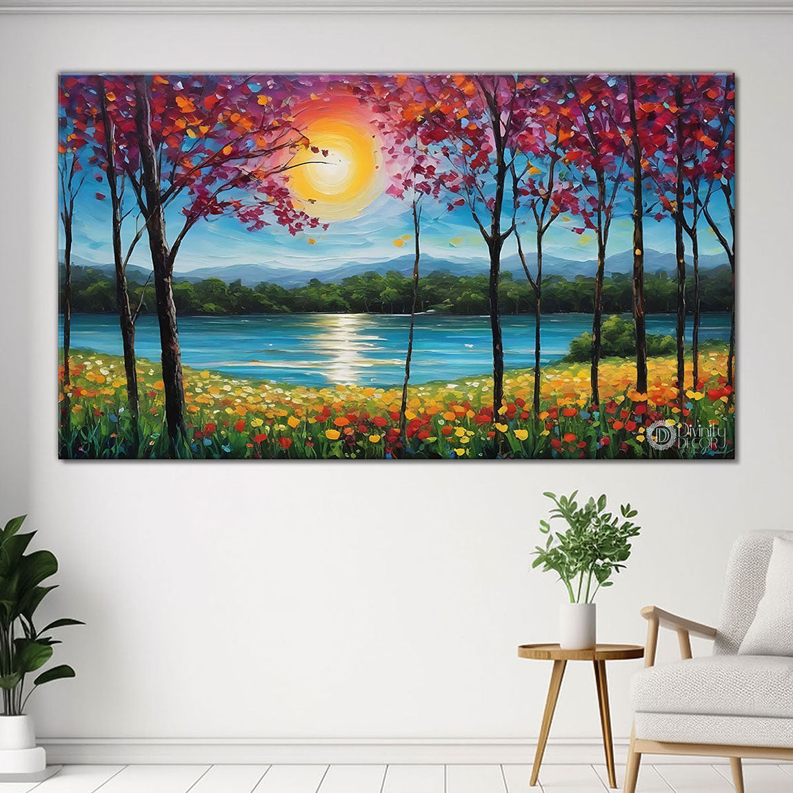 Pink trees with sun and river in textured painting Canvas Painting - Nature Art -115