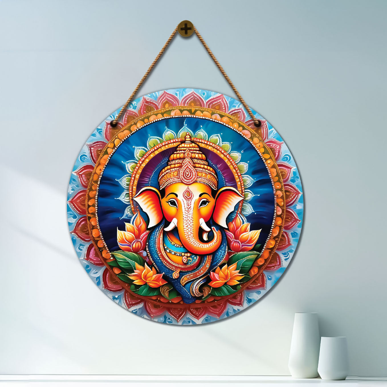Ganesh Ji in blue and orange mandala Round Wooden Wall Hanging for wall Décor - Design - 115