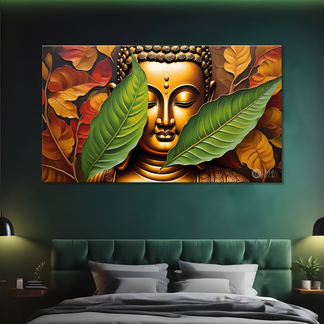 Golden buddha with leaves background textured painting Canvas Wall Painting - Buddha-115
