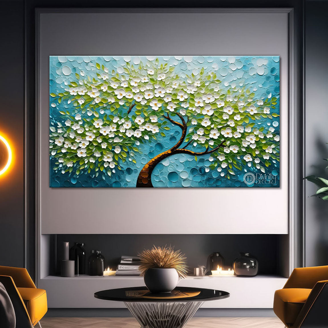 White flower tree in textured background oil painting- Design - Tree-115