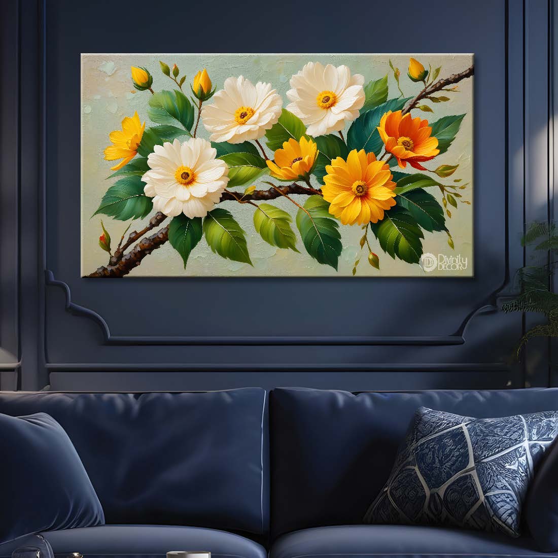 White and yellow flowers with grey textured background painting- Design - Flower-115