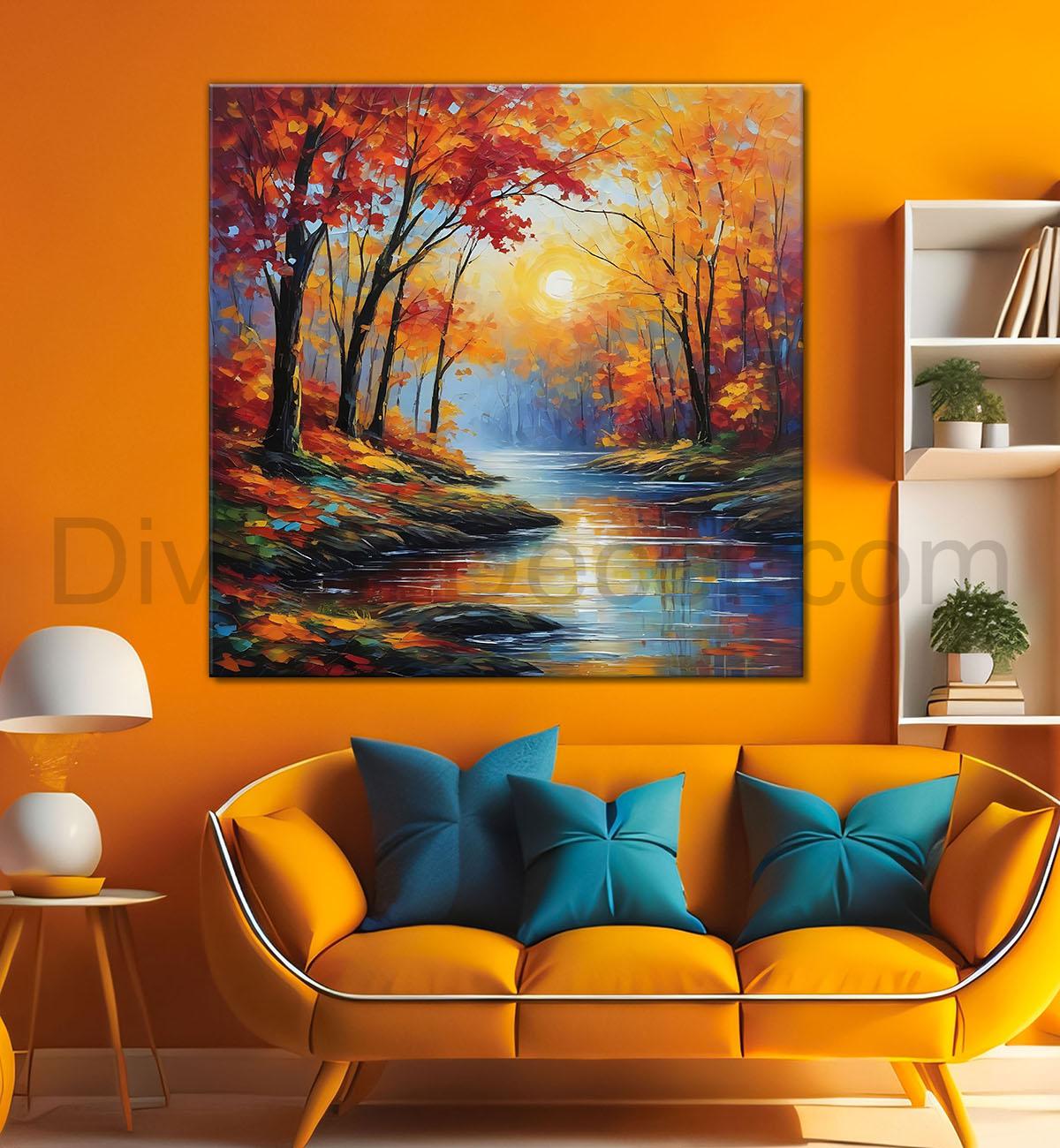 Colourful trees and lake painting  24X24  - Nature Art -S-115