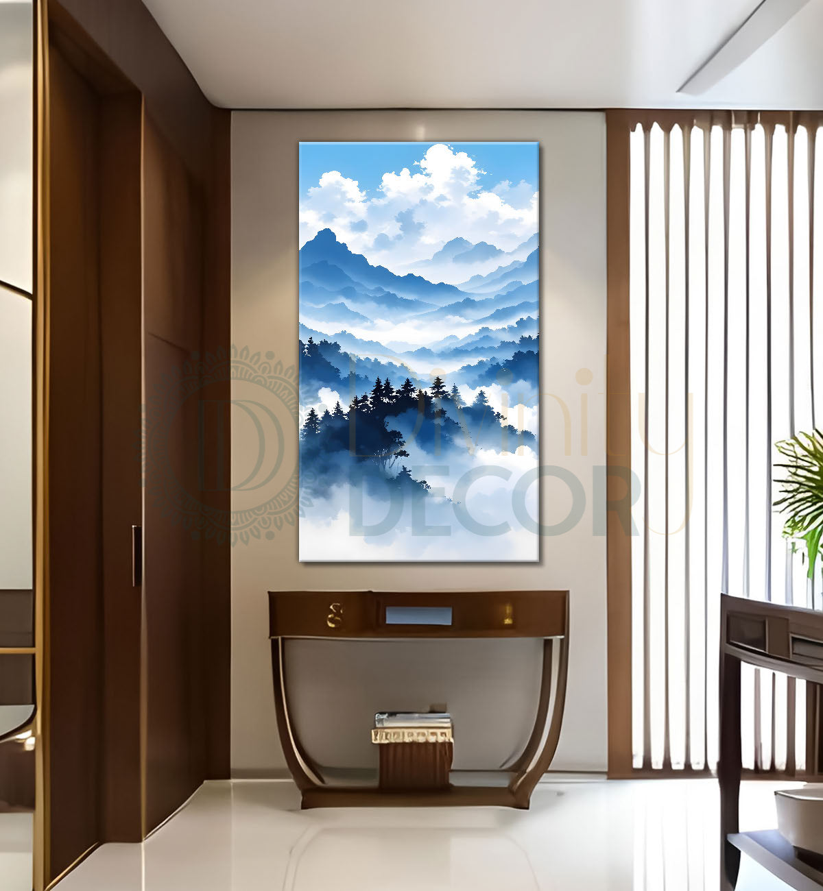 Mountains with river in cloudy sky in textured water colour painting Canvas Painting - Nature Art -V-115