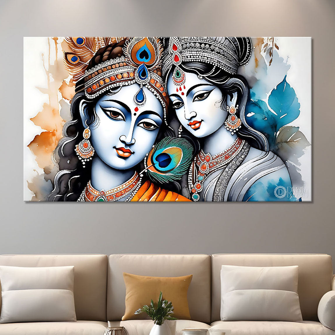 Blue face of Krishna and Radha with peacock feathers painting Canvas Painting - Design - Krishna-115