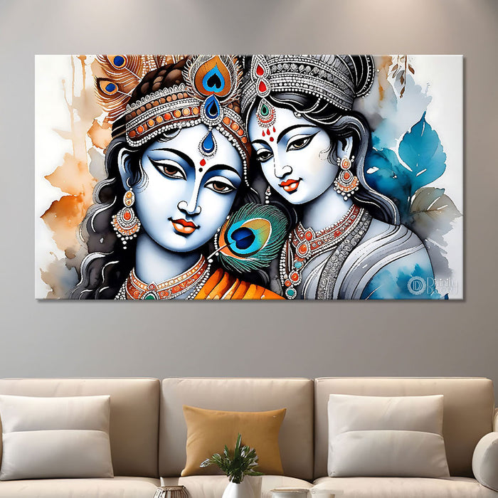 Blue face of Krishna and Radha with peacock feathers painting Canvas Painting - Design - Krishna-115