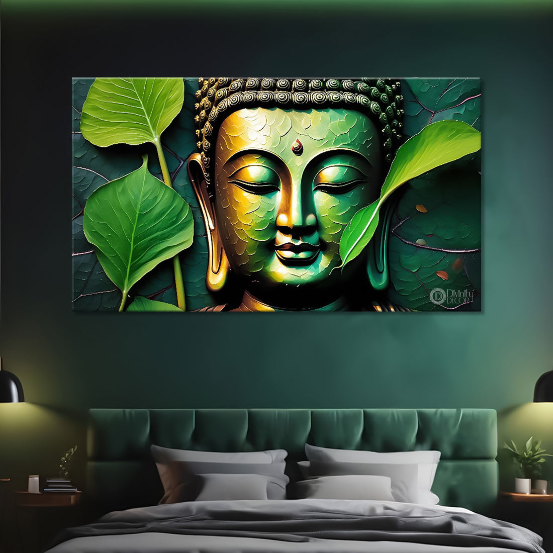 Buddha with leaves background textured painting Canvas Wall Painting - Buddha-116