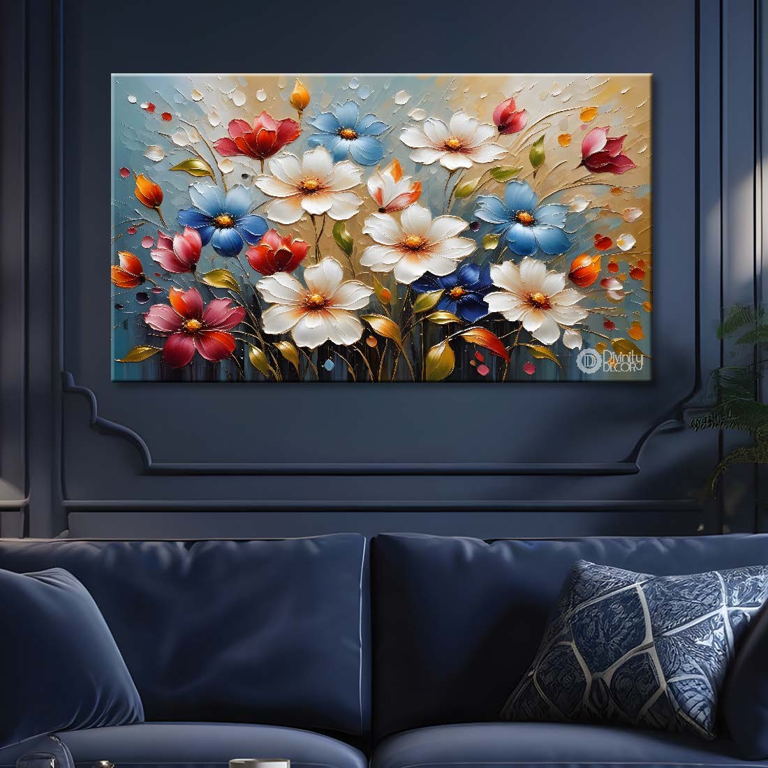 Colorful flowers with blue textured background painting- Design - Flower-116