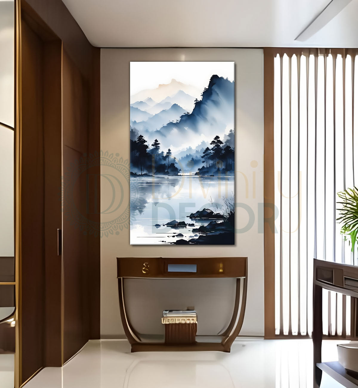 Mountains with river in cloudy sky in textured water colour painting Canvas Painting - Nature Art -V-116