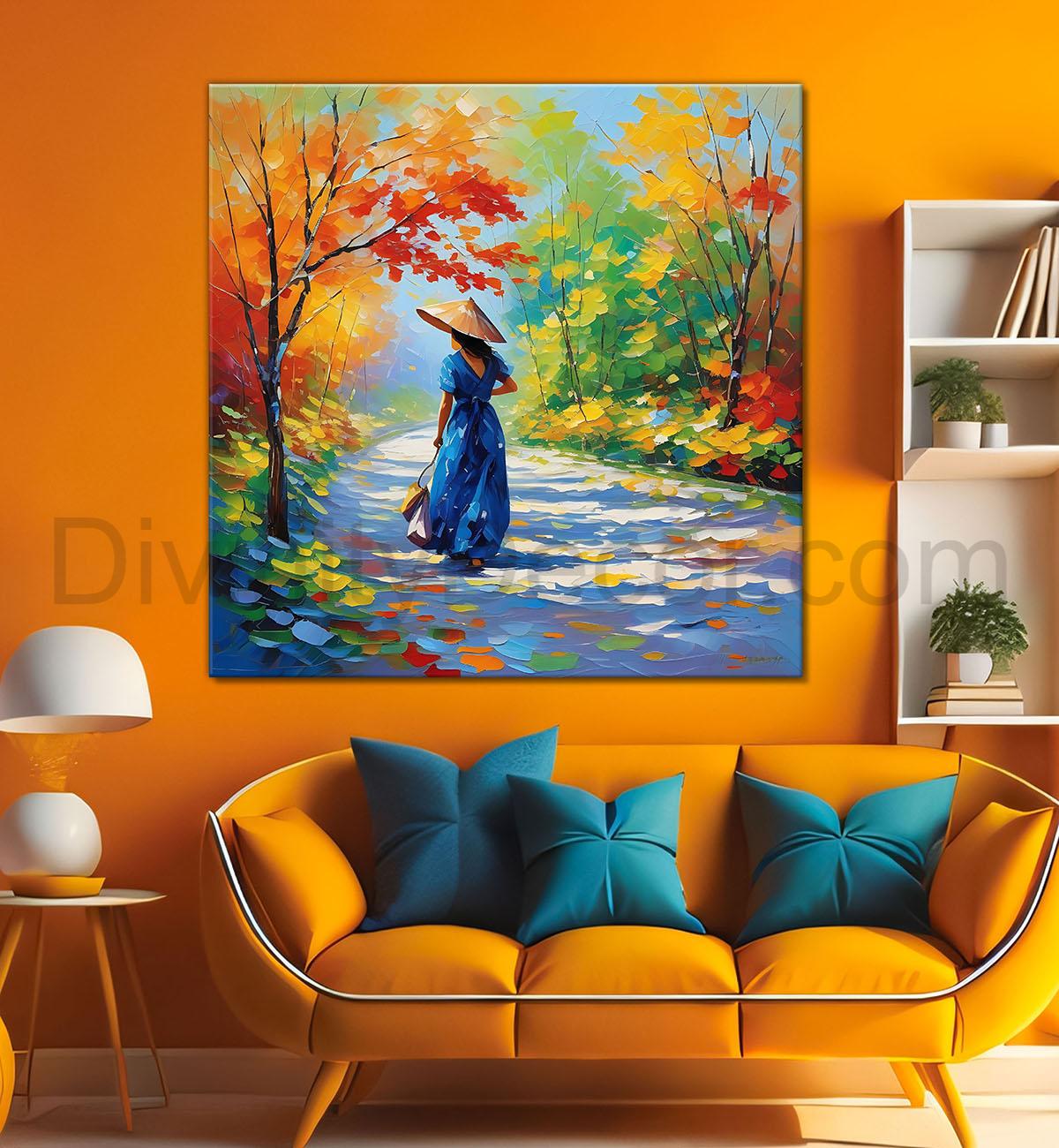 Girl with colourful trees water colour painting 24X24  - Nature Art -S-116