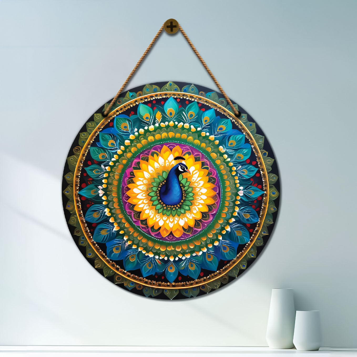 Peacock in blue and yellow mandala Round Wooden Wall Hanging for wall Décor - Design - 116