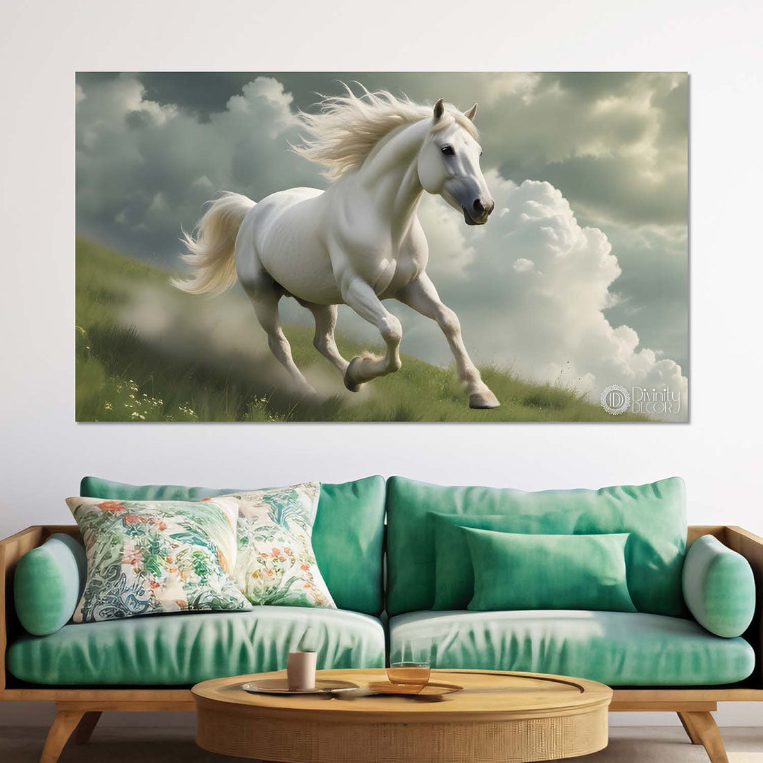 White running horse on the grass with cloudy and white textured background art Canvas Painting - Design - Horse-116
