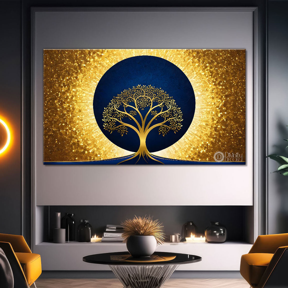 Golden tree in dark blue textured background modern art- Design - Tree-116