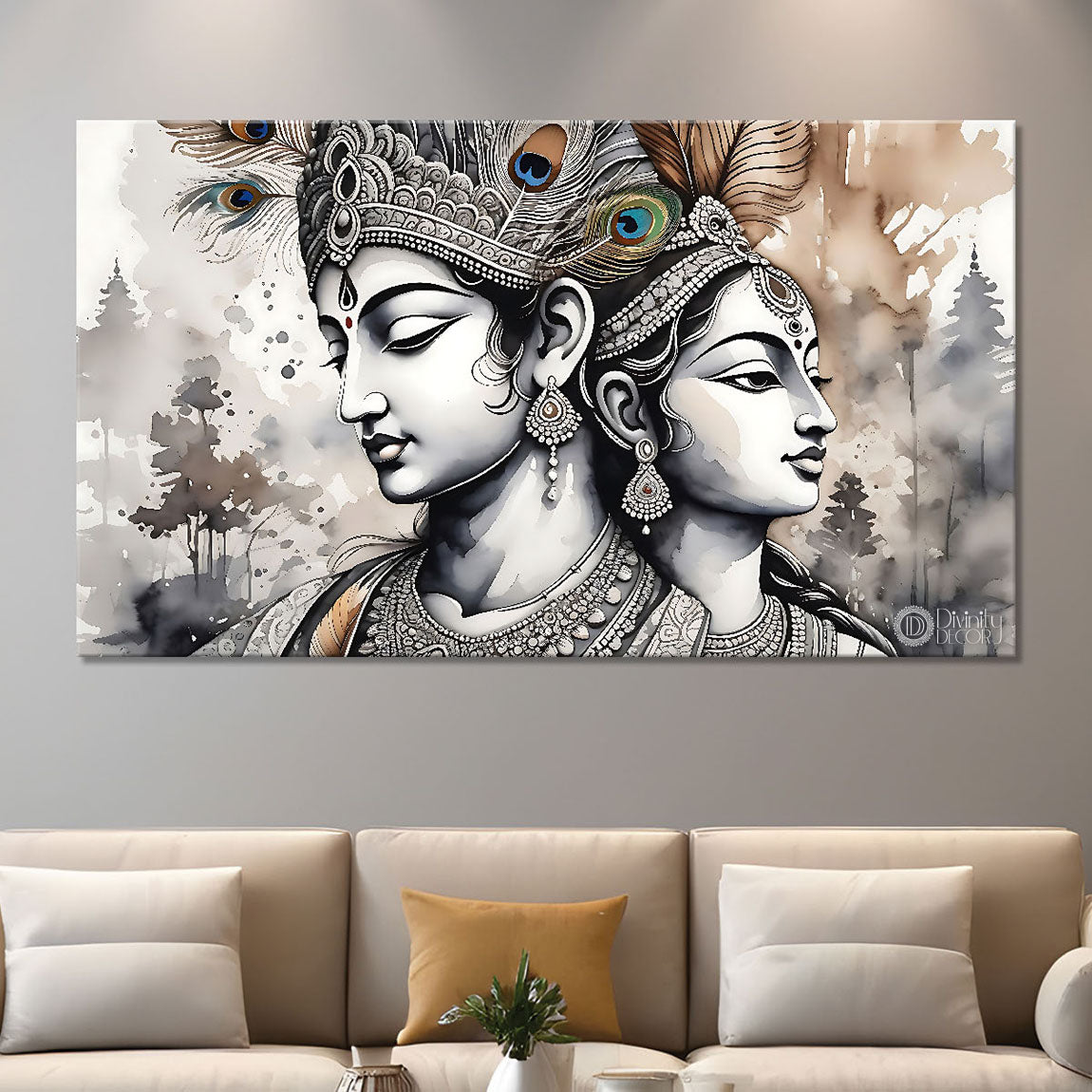 Krishna and Radha with off white background painting Canvas Painting - Design - Krishna-116