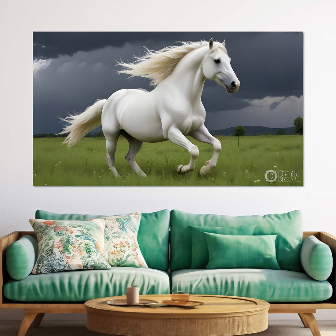 White running horse on the grass with white textured background art Canvas Painting - Design - Horse-117
