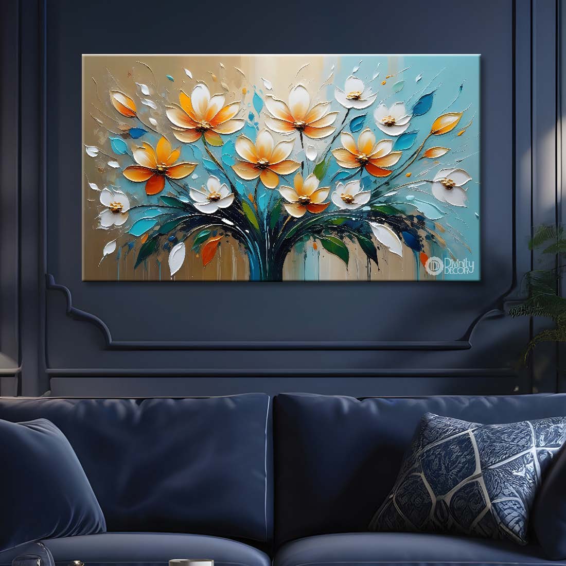 Colorful flowers with blue textured background painting- Design - Flower-117