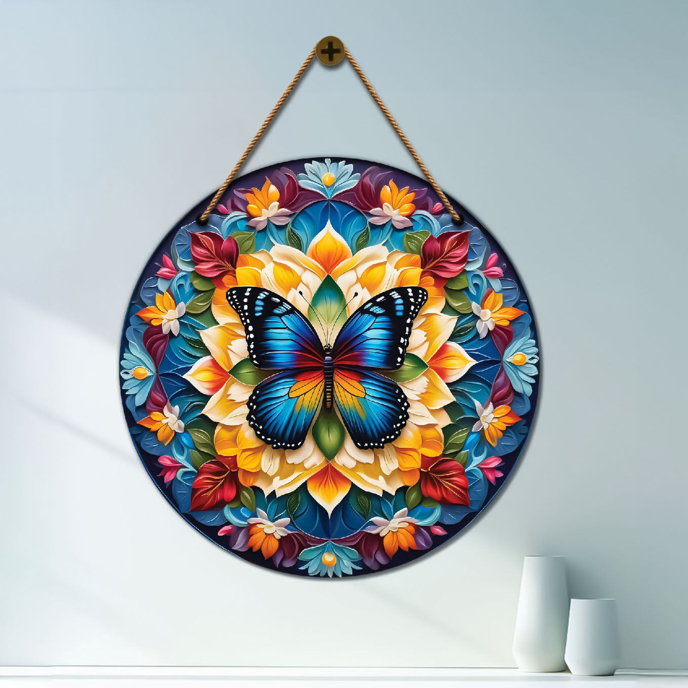 Butterfly in floral and blue mandala Round Wooden Wall Hanging for wall Décor - Design - 117