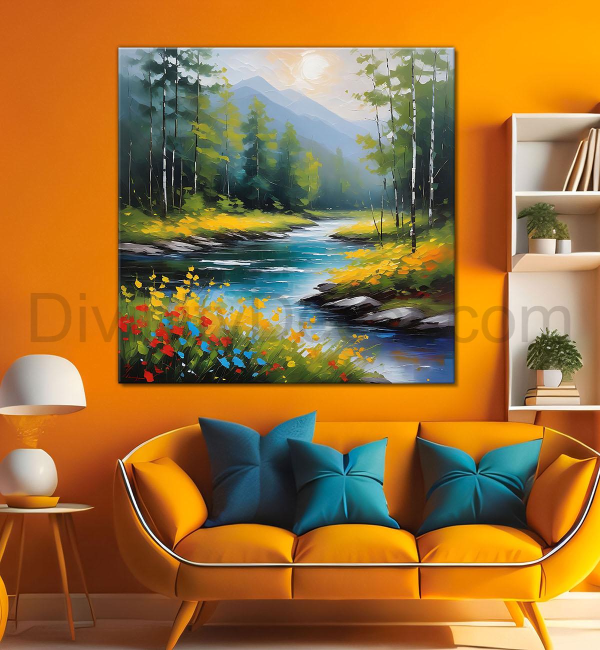 Mountains with river painting  24X24  - Nature Art -S-117