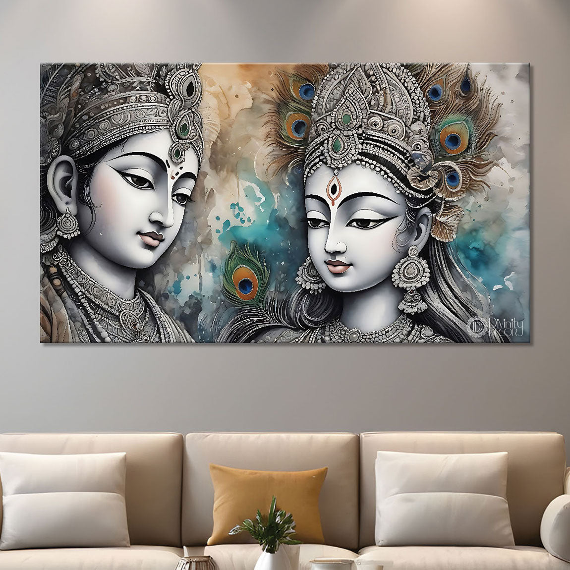 Krishna and Radha with off white background painting Canvas Painting - Design - Krishna-117