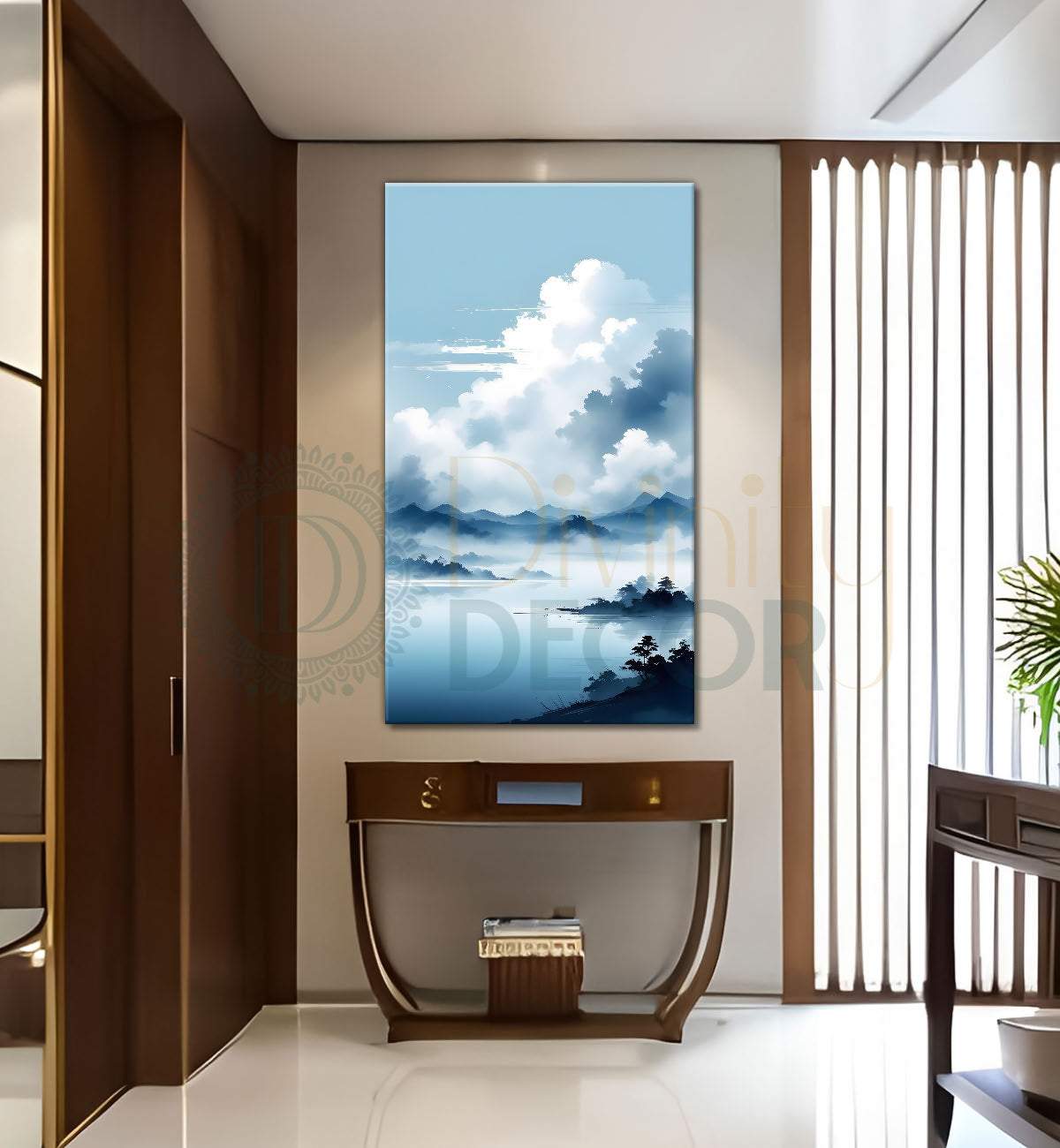 Mountains with river in cloudy sky in textured water colour painting Canvas Painting - Nature Art -V-117