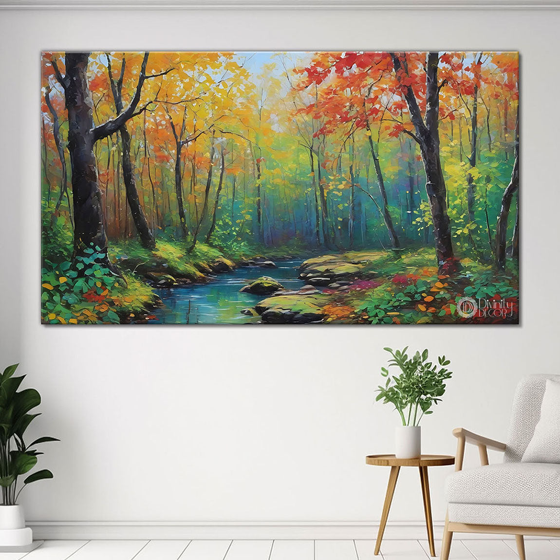 Yellow and orange trees with lake in textured painting Canvas Painting - Nature Art -118