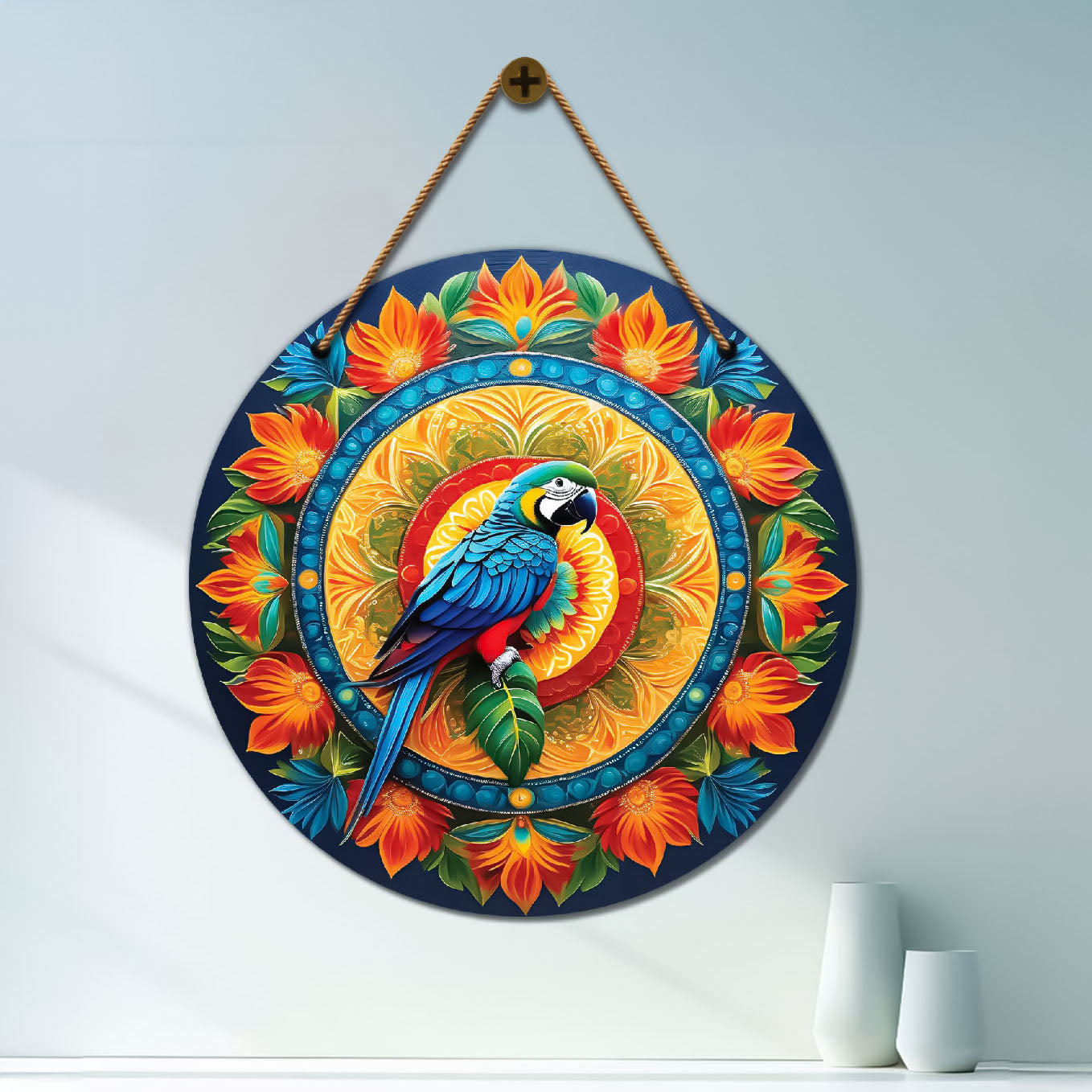 Parrot in blue and orange mandala Round Wooden Wall Hanging for wall Décor - Design - 118