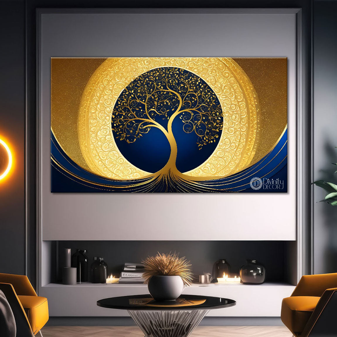 Golden tree in dark blue textured background modern art- Design - Tree-118