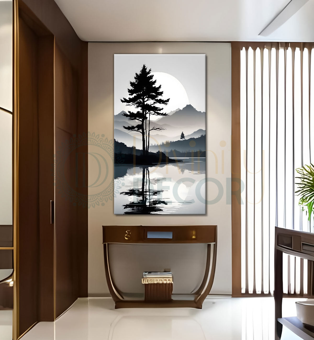 Mountains with river and trees in grey textured water colour painting Canvas Painting - Nature Art -V-118