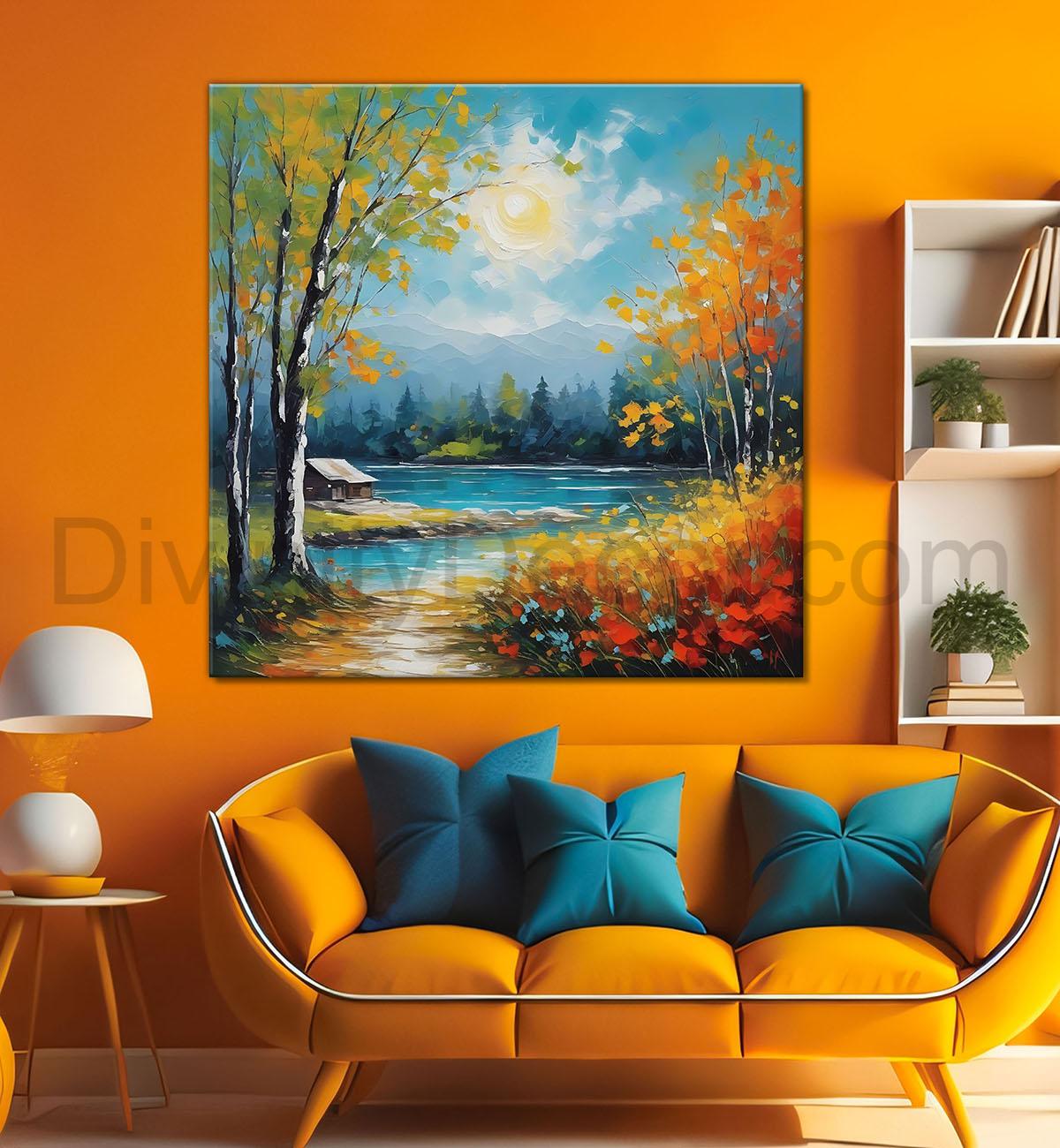 Colourful trees with lake painting 24X24 - Nature Art -S-118