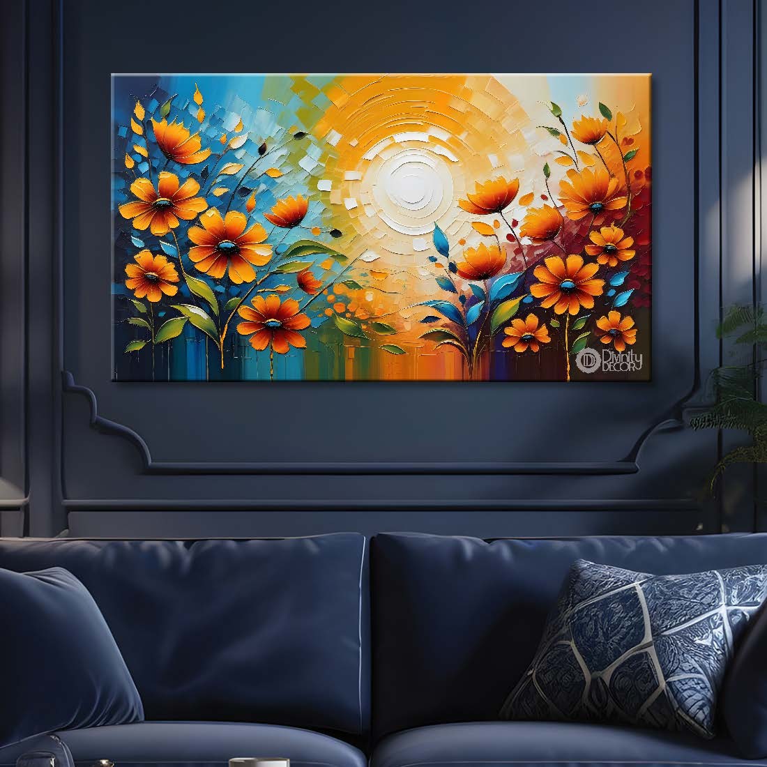 Colorful flowers with blue textured background painting- Design - Flower-118