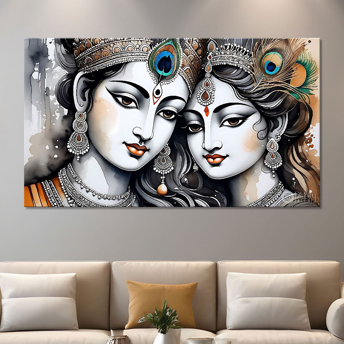 Krishna and Radha with off white background painting Canvas Painting - Design - Krishna-118
