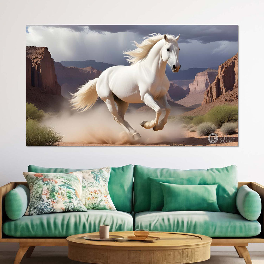 White running horse on the mountains with grey textured background art Canvas Painting - Design - Horse-118