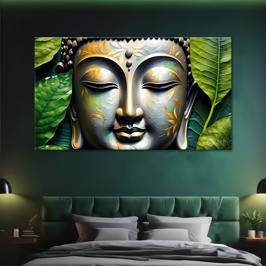 Buddha with leaves background textured painting Canvas Wall Painting - Buddha-118