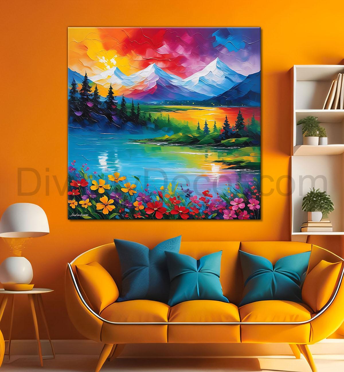 Colourful mountains with flower painting 24X24 - Nature Art -S-119