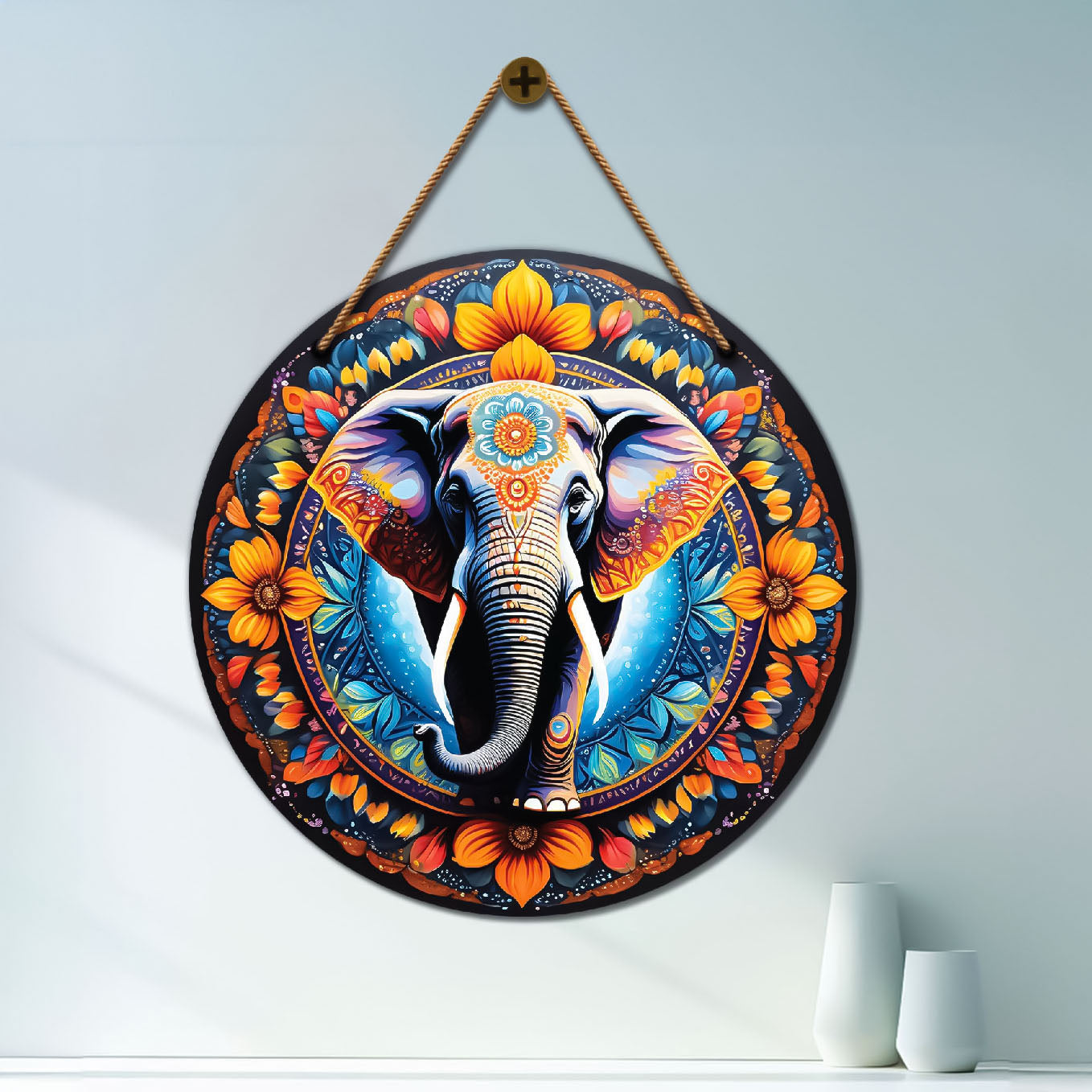 Elephant in blue and yellow mandala Round Wooden Wall Hanging for wall Décor - Design - 119
