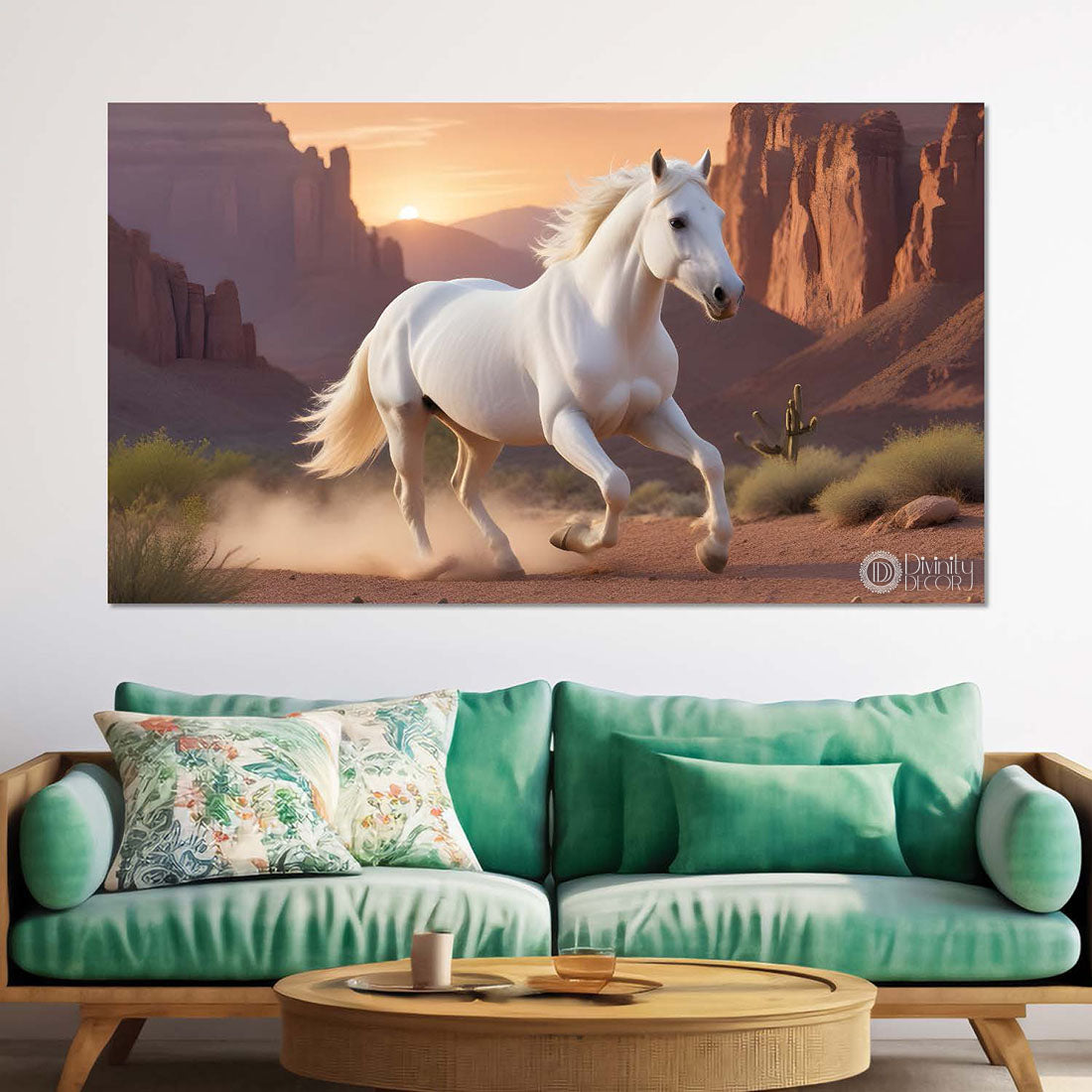 White running horse on the mountains with sunrise textured background art Canvas Painting - Design - Horse-119